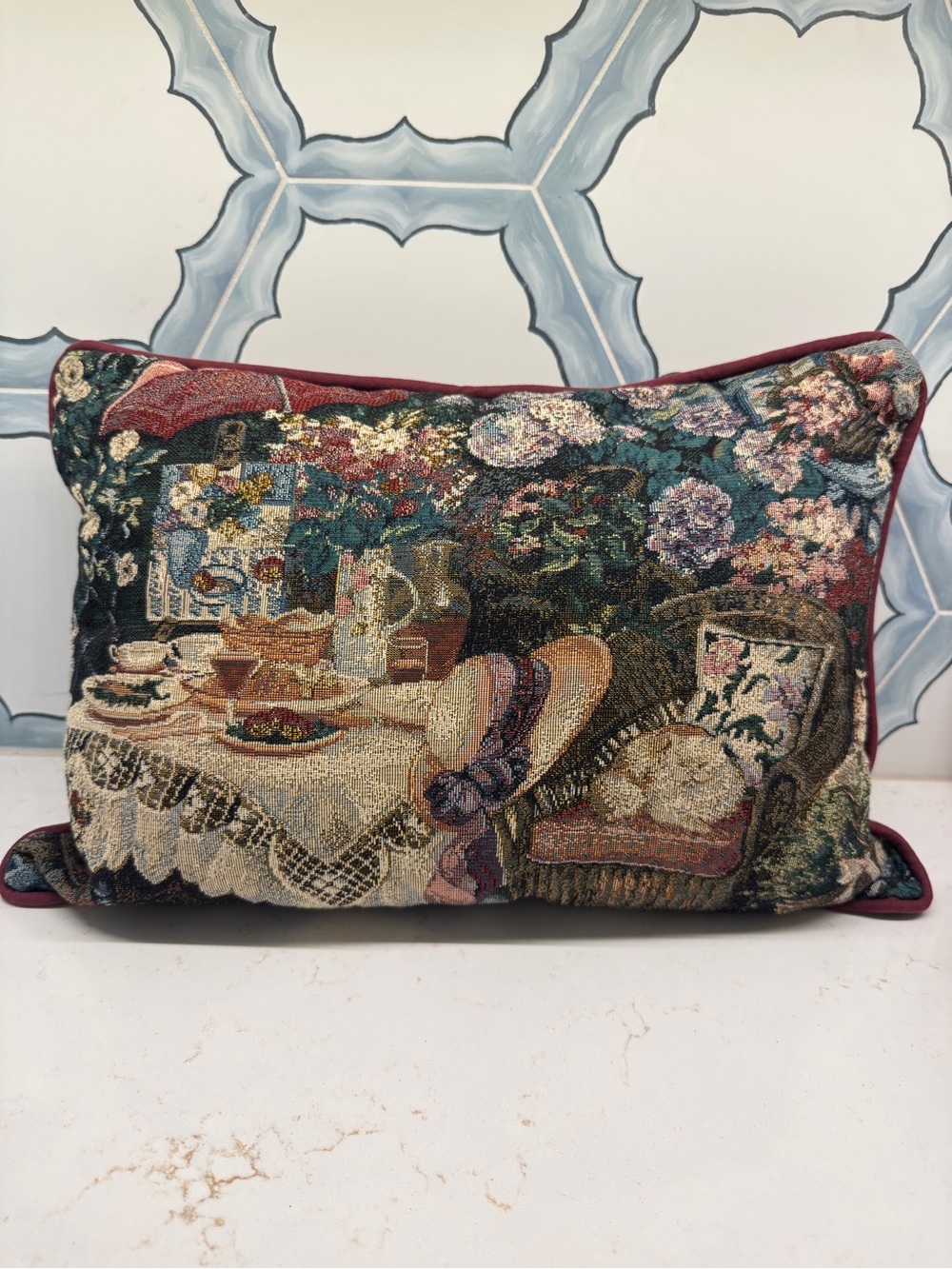 Newport Tapestry CottageCore Tea Party Throw Pillow in Burgundy